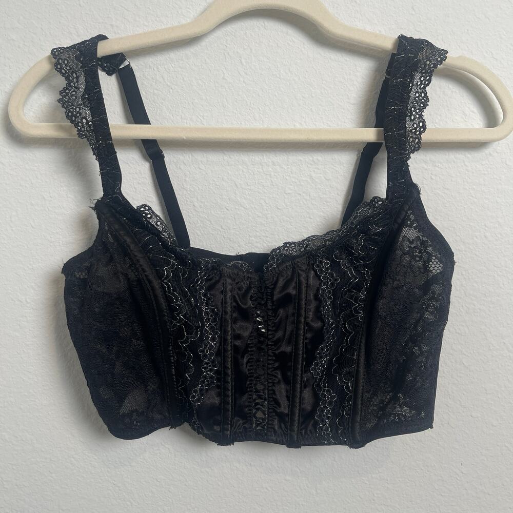 Black Lace Longline Bra Bustier Corset Style Underwire Size Medium